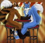  blue blue_fur canine coffee couple duo folf folfoon footsie fox fur gay hand_holding hindpaw hybrid kenkofolfoon lovers male mammal no_yiff pawpads paws raccoon romantic valkoglacies wolf yaoifairy 