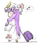  bow crescent dress eighth_note from_side hair_bow hat hat_bow long_hair lowres musical_note natsuki_(silent_selena) patchouli_knowledge pulling purple_hair smile solo spoken_musical_note suitcase touhou walking |_| 
