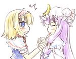  2girls alice_margatroid ascot blonde_hair blood blue_eyes blush bow capelet closed_eyes crescent from_side hair_bow hairband hat hat_bow holding_hand holding_hands long_hair multiple_girls natsuki_(silent_selena) open_mouth patchouli_knowledge purple_hair simple_background touhou white_background 