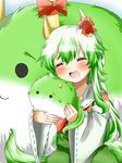  :3 alternate_costume bad_id bad_pixiv_id blush bow closed_eyes detached_sleeves ex-keine fang green_hair horns kamishirasawa_keine kamishirasawa_keine_(hakutaku) long_hair open_mouth rebecca_(keinelove) smile solid_circle_eyes solo sukusuku_hakutaku tail touhou trembling 