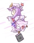  :&lt; balancing book bow chibi crescent dress from_side hair_bow hat hat_bow long_hair natsuki_(silent_selena) patchouli_knowledge purple_hair simple_background solo touhou white_background |_| 