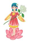  aqua_hair barefoot brown_eyes dress fairy flower gahiro minigirl original smile solo 