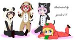  :d akaza_akari animal_costume black_hair blonde_hair buttons cat_costume clenched_hands dog_costume funami_yui lying multiple_girls on_stomach open_mouth pajamas panda_costume pink_hair red_hair sitting smile socks tomato_costume toshinou_kyouko yoshikawa_chinatsu yunlu18 yuru_yuri 