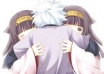  @_@ alluka_zoldyck androgynous aomi_riru black_hair brothers from_behind hairband hug hunter_x_hunter killua_zoldyck long_hair multiple_boys short_hair siblings silver_hair tears 