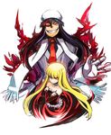  1girl alucard_(hellsing) bare_shoulders black_hair blonde_hair bridal_gauntlets choker crazy_eyes crossed_arms crossover dress evangeline_a_k_mcdowell fur_hat genderswap genderswap_(mtf) girlycard gloves glowing glowing_eyes grin hat hellsing hellsing:_the_dawn heterochromia highres long_hair mahou_sensei_negima! necktie red_dress red_eyes scarf sharp_teeth signature smile strapless strapless_dress teeth todee vampire 