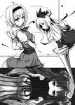  alice_margatroid bad_id bad_pixiv_id book breasts capelet collage greyscale hair_ribbon hairband hat hourai_doll lance large_breasts long_hair monochrome multiple_girls patchouli_knowledge polearm ribbon short_hair striped touhou weapon yasojima_nejiro 