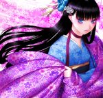  black_hair floral_print flower hair_flower hair_ornament japanese_clothes kimono long_hair obi original sakamoto_mineji sash solo 