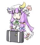  :&lt; ascot bow crescent dress hair_bow hat hat_bow leaning long_hair lowres natsuki_(silent_selena) open_mouth patchouli_knowledge purple_hair simple_background solo suitcase touhou white_background |_| 