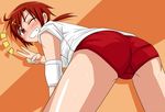  ;d ahoge ass blush buruma elbow_pads grin gym_uniform hair_ornament hairclip hino_akane_(smile_precure!) keke_(kekekue) looking_at_viewer one_eye_closed open_mouth orange_background precure red_hair shirt short_hair simple_background sleeves_rolled_up smile smile_precure! solo sweat t-shirt v 