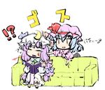  2girls :d =_= ascot blood blue_hair book bow couch crescent dress hair_bow hat hat_bow hat_ribbon long_hair multiple_girls natsuki_(silent_selena) open_book open_mouth patchouli_knowledge punching purple_hair remilia_scarlet ribbon simple_background sitting smile tears touhou translation_request white_background |_| 
