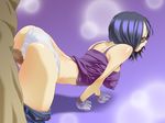  1girl all_fours ass back bare_shoulders blue_eyes blue_hair blush breasts censored chakyuuan doggystyle glasses gloves hanging_breasts highres large_breasts legs looking_away one_piece open_mouth panties pants_down penis sakyuuan sex short_hair simple_background tashigi thigh_sex thighs underwear 