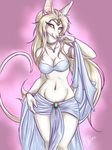  anubian_jackal blue_eyes canine clothed clothing ear_piercing female fur hair jackal jewelry long_hair looking_at_viewer mammal piercing skimpy smile solo standing thighs unicornblue white_fur wide_hips 