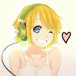  bare_shoulders blonde_hair blue_eyes collarbone cradle-song face grin headphones heart karin_(cradle-song) magister_(medical_whiskey) one_eye_closed smile solo tank_top upper_body 