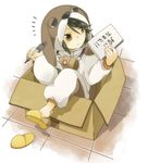  animal_costume bad_id bad_pixiv_id barrel black_hair box brown_eyes cardboard_box dog_costume holding in_box in_container izumi_kirifu kamen_rider kamen_rider_w male_focus notepad pen philip_(kamen_rider) sandals solo translation_request 