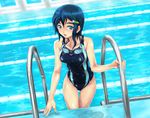  blue_eyes blue_hair collarbone competition_swimsuit covered_navel eyebrows goggles goggles_around_neck hair_ornament hairclip highres idolmaster idolmaster_dearly_stars looking_at_viewer md5_mismatch mizutani_eri one-piece_swimsuit open_mouth pool pool_ladder poolside shiny shiny_clothes shiny_hair shiny_skin short_hair skin_tight solo swimsuit tachi_hirushi water wet wet_clothes wet_swimsuit 