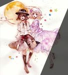  blonde_hair brown_hair dress dress_shirt full_moon hair_ribbon hat maribel_hearn moon multiple_girls necktie one_eye_closed open_mouth purple_dress ribbon shiratsuyu shirt short_hair skirt smile star touhou traditional_media usami_renko watercolor_(medium) 