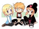  2girls black_eyes blonde_hair blue_eyes brown_eyes brown_hair crab_man gotcha_force hat kurokawa_usagi multiple_girls open_mouth pantyhose shishido_kou sitting smile umihara_mana 