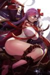  ass bangs bb_(fate)_(all) bb_(swimsuit_mooncancer)_(fate) black_coat blush breasts coat commentary_request fate/grand_order fate_(series) goomrrat hair_ribbon hand_gesture highres hips large_breasts legs leotard licking_lips long_hair long_legs looking_at_viewer neck_ribbon one_eye_closed open_clothes open_coat popped_collar purple_eyes purple_hair red_ribbon ribbon simple_background smile solo tentacles thighs tongue tongue_out v vampire_costume very_long_hair white_background white_leotard 