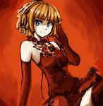  bare_shoulders blue_eyes cradle-song dress elbow_gloves gloves halterneck headphones highres karin_(cradle-song) orange_hair pas_(paxiti) red_dress short_hair solo 