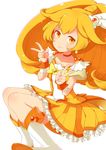  absurdres amana_(pocketkey) bike_shorts blonde_hair boots bow choker cure_peace double_v eyelashes hair_flaps highres kise_yayoi magical_girl orange_choker orange_shorts ponytail precure shorts shorts_under_skirt simple_background skirt smile smile_precure! solo v white_background wide_ponytail yellow yellow_bow yellow_eyes yellow_skirt 