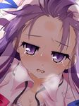  blush breasts breath cleavage close-up collarbone exhausted face forehead hat kotomuke_fuurin long_hair medium_breasts patchouli_knowledge purple_eyes purple_hair solo sweat touhou 