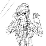  adjusting_eyewear bespectacled cellphone cellphone_charm drawfag flannel glasses greyscale hipster metroid metroid_(creature) mirror mole mole_under_mouth monochrome phone ponytail reflection samus_aran scarf self_shot sketch solo upper_body 