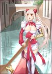  :d aldra_(queen's_blade) apron artist_request boat bow breasts canal cleavage gondola hair_ornament large_breasts long_hair open_mouth paddle pointy_ears queen's_blade queen's_blade_rebellion red_eyes silver_hair smile thighhighs watercraft 