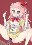  :d bad_id bad_pixiv_id bottomless bow bowtie breasts corset crown cum dress facial green_eyes kumajet_(11956) long_hair open_mouth original pink_hair red_background sex simple_background small_breasts smile solo v vaginal 