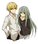  androgynous bad_id bad_pixiv_id blonde_hair casual enkidu_(fate/strange_fake) fate/stay_night fate/strange_fake fate_(series) gilgamesh green_eyes green_hair long_hair male_focus multiple_boys otoko_no_ko red_eyes short_hair uka_(color_noise) white_background 