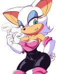  2018 5_fingers anthro armwear bat breasts cleavage clothed clothing cum dialogue digital_media_(artwork) elbow_gloves eyelashes female frown gloves green_eyes hair half-closed_eyes hand_on_hip light_skin lipstick looking_at_viewer makeup mammal navel pose rouge_the_bat scones_(artist) simple_background solo sonic_(series) tight_clothing white_hair 