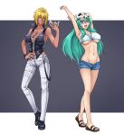  2girls :d arm_behind_head armpits arms_up arrancar bangs bare_shoulders black_footwear black_vest black_wristband bleach blonde_hair blue_shorts breast_tattoo breasts casual cleavage collarbone contemporary crossed_bangs dark-skinned_female dark_skin espada eyebrows_visible_through_hair green_eyes green_hair hair_between_eyes hand_on_hip highres holding holding_mask jewelry large_breasts long_hair looking_at_viewer mask mask_removed midriff multiple_girls nail_polish navel nelliel_tu_odelschwanck no_panties pants pink_nails ring sakuya_(liao_kj) sandals shirt shoes short_hair short_shorts shorts sideboob skull_necklace skull_on_head sleeveless sleeveless_shirt smile tattoo tier_harribel toenail_polish toenails underboob vest white_pants white_shirt zipper 