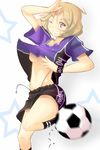  ball blonde_hair breasts copyright_request magister_(medical_whiskey) navel no_bra one_eye_closed purple_eyes salute shirt_lift short_hair shorts small_breasts soccer_ball soccer_uniform solo sportswear telstar underboob 