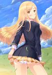  blonde_hair blush highres kazeno long_hair panties school_uniform shining_(series) shining_blade shining_wind skirt skirt_lift touka_kureha underwear wind wind_lift yellow_eyes 