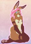  blue_eyes breasts brown_fur claws female fur hair hindpaw hotpie hybrid kangaroo kneeling lagomorph mammal marsupial nipples nude pawpads paws pink_hair rabbit smile solo toe_claws 