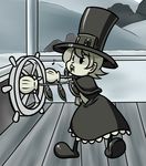  20s :o bangs capelet commentary_request dress hat mechanical_arms mister_x_(shojinn) musical_note muted_color parody peacock_(skullgirls) ship's_wheel short_hair skullgirls solo standing steamboat_willie steering_wheel top_hat v-shaped_eyebrows whistling 