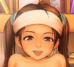  androgynous bare_shoulders brown_eyes headband long_hair looking_at_viewer lowres portrait rustle scrunchie solo tongue tongue_out twintails 