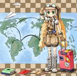  blonde_hair book boots directional_arrow dotted_line flat_chest gloves goggles green_eyes map original paper_airplane rolling_suitcase salute shimjy single_thighhigh solo striped striped_legwear suitcase thighhighs 