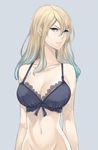  blonde_hair blue_eyes blue_hair bow bra breasts cleavage collarbone gradient_hair green_hair groin lace lace-trimmed_bra large_breasts lingerie lips multicolored_hair navel original out-of-frame_censoring ray-akila simple_background solo underwear 
