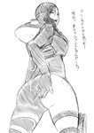  ass asymmetrical_clothes butcha-u from_behind from_below greyscale jessica_sherawat looking_back monochrome open_mouth resident_evil resident_evil_revelations single_pantsleg sketch too_bad!_it_was_just_me! translation_request wetsuit 