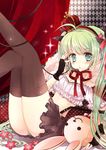  breasts bunny cleavage crown fingerless_gloves gloves green_eyes green_hair hatsune_miku headset ishikawa_sae long_hair midriff panties pantyshot skirt small_breasts solo striped striped_panties stuffed_animal stuffed_toy thighhighs twintails underwear very_long_hair vocaloid 
