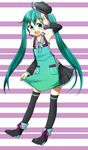  ahoge apron arm_up detached_sleeves green_eyes green_hair hat hatsune_miku headset high_heels long_hair open_mouth shoes skirt solo striped striped_background thighhighs twintails very_long_hair vocaloid yuua_(cord-03) 