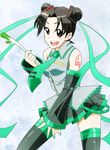  1girl brown_eyes brown_hair cosplay detached_sleeves double_bun green_nails hatsune_miku hatsune_miku_(cosplay) nail_polish naruto necktie open_mouth skirt solo spring_onion sunahara_wataru tenten thighhighs vocaloid 