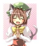  animal_ears bad_id bad_pixiv_id cat_ears cat_tail chen closed_eyes earrings hands_together hat jewelry multiple_tails open_mouth own_hands_together palms_together plaid plaid_background smile solo tail touhou upper_body walkure 