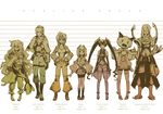  5girls ar_tonelico ar_tonelico_iii armor artist_request character_request cocona_vatel cosplay hair_ornament height_chart jack_hamilton kigurumi krusche_elendia lineup long_hair monochrome multiple_boys multiple_girls rufan saki_(ar_tonelico) sasha_(ar_tonelico) short_hair thighhighs twintails very_long_hair zettai_ryouiki 