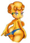  blush breasts butt ear_piercing ear_ring female from_behind kirby_(series) lady_like lipstick looking_at_viewer looking_back oddrich panties piercing solo sssonic2 thighs underwear yellow yellow_body 