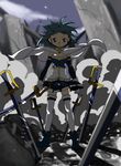  armband blue_eyes blue_hair cape gloves magical_girl mahou_shoujo_madoka_magica mesushirindaa miki_sayaka rubble short_hair solo soul_gem thighhighs zettai_ryouiki 