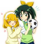  ball blonde_hair cardigan closed_eyes green_eyes green_hair green_neckwear hairband kise_yayoi midorikawa_nao multiple_girls nanairogaoka_middle_school_uniform necktie open_mouth ponytail precure school_uniform shinji_(udonteishoku) short_hair sleeves_rolled_up smile smile_precure! soccer_ball sweater_vest telstar vest white_hairband 