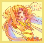  arms_up blonde_hair border bow circlet copyright_name cure_muse_(yellow) dress eighth_note gradient_hair heart long_hair multicolored_hair musical_note potepote precure red_eyes shirabe_ako skirt solo suite_precure yellow_bow 