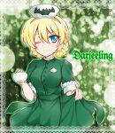  1girl alternate_costume animal_print argyle argyle_background bangs bat_print blonde_hair blue_eyes braid character_name closed_mouth collar commentary_request cup darjeeling_(girls_und_panzer) dress frilled_collar frills girls_und_panzer green_background green_dress hat holding holding_cup kuromori_yako looking_at_viewer nurse_cap one_eye_closed partial_commentary short_hair short_sleeves skirt_hold smile solo standing teacup tied_hair twin_braids white_headwear 