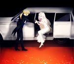  ahoge artoria_pendragon_(all) blonde_hair carpet dress fate/zero fate_(series) formal hair_ribbon high_heels irisviel_von_einzbern jacket_on_shoulders kituonna limousine long_hair multiple_girls pant_suit ponytail red_carpet red_eyes ribbon saber shoes suit tailcoat white_hair 